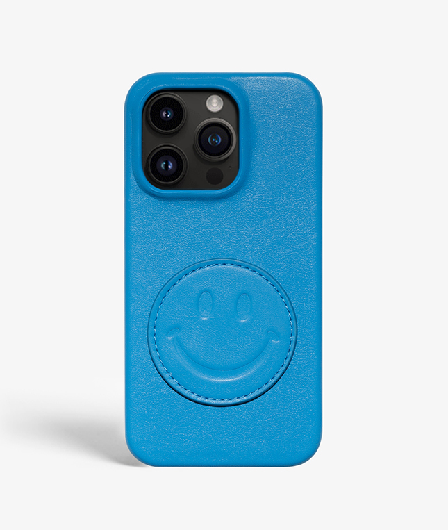 iPhone 14 Pro Max Leder Hlle Smiley Blau