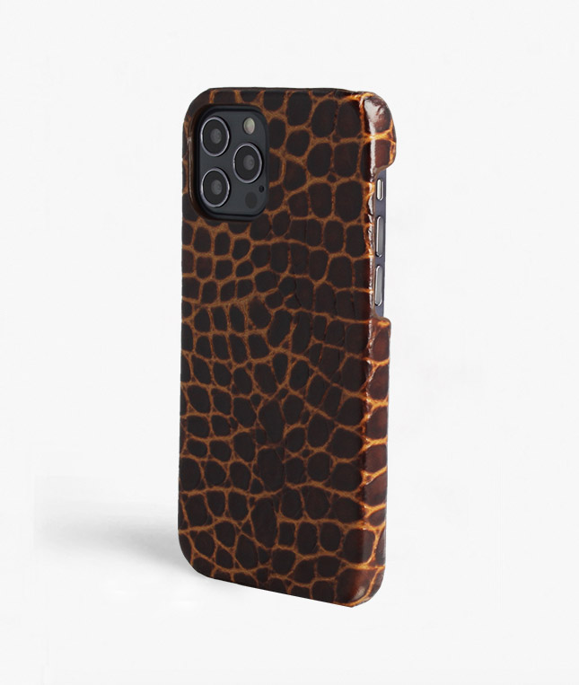  iPhone 12/12 Pro Leather Case Croco Dark Brown Small 