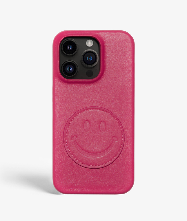 iPhone 14 Pro Max Leder Hlle Smiley Rosa